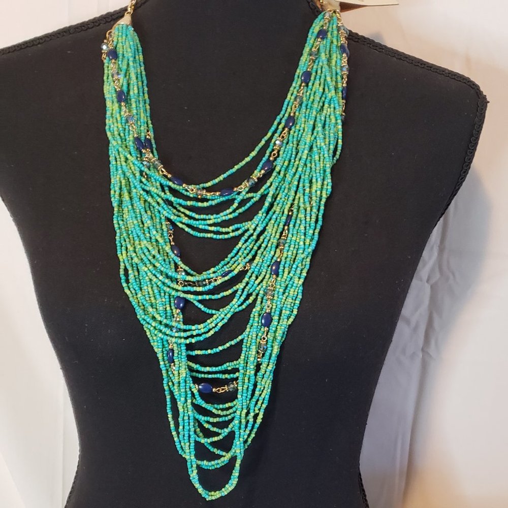 NWT Erica Lyons Turquoise and Green Seed Bead Multi-Layer Necklace